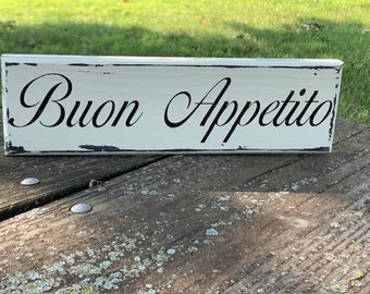 Italian Kitchen Sign Buon Appetito Wall or Tabletop Accent for Interior Home in Rustic Farmhouse Style Wood Vinyl Signage for House or Gift