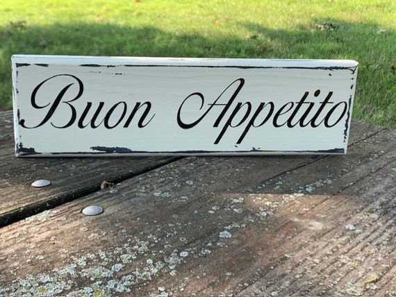 Italian Kitchen Sign Buon Appetito Wall or Tabletop Accent for Interior Home in Rustic Farmhouse Style Wood Vinyl Signage for House or Gift