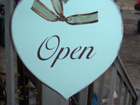 Open Closed Sign for Business Distressed Heart Wood Vinyl Double Sided Reversible Door Entry Signage for Businesses Cottage Style Decor
