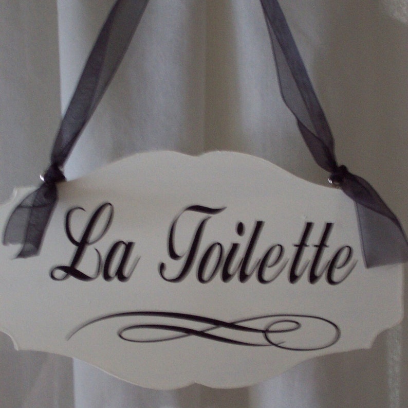 La Toilette Sign for Door in French Country Cottage Chic Style for Bathroom Powder Room Restroom Home or Business Direction Wood Vinyl Sign image 3