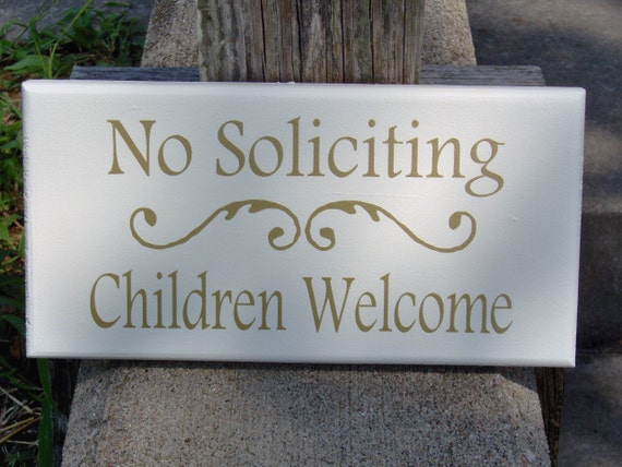 No Soliciting Sign Children Welcome Sign Front Door Wood Sign Vinyl Exterior Entry Porch Decoration or Outdoor Wall Hanging Decor