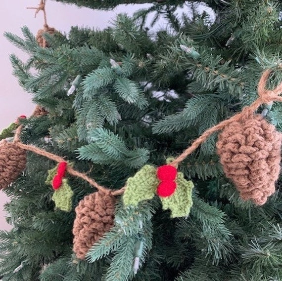 Crochet Garland Christmas Holiday Decor of Pine Cones and Holly Handmade Decorations for Homes and Offices Tree Ornament  or Mantel Decor