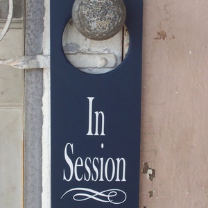 In Session Door Knob Hanger Wood Vinyl Sign Nautical Navy Blue Business Retail Shop Spa Salon Massage Therapy Private Please Wait Inform image 2