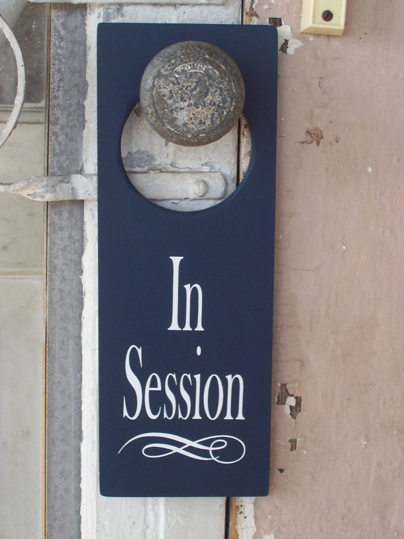 In Session Door Knob Hanger Wood Vinyl Sign Nautical Navy Blue Business Retail Shop Spa Salon Massage Therapy Private Please Wait Inform image 2