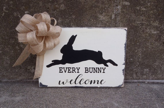 Bunny Rabbit Spring Silhouette Every Bunny Welcome Wood Vinyl Distressed Sign Wooden Wall Easter Wreath Accent Front Door Hanger Decoration