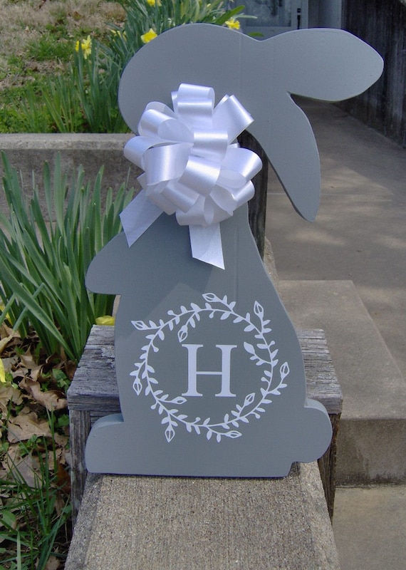 Bunny Rabbit Door Hanger with Bow, Spring Initial Wall Hanging, Modern Farmhouse Monogram Decor, Wooden Cut Out w Vinyl Initial Vine Wreath