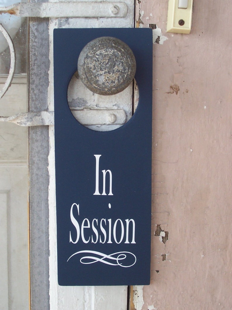 In Session Door Knob Hanger Wood Vinyl Sign Nautical Navy Blue Business Retail Shop Spa Salon Massage Therapy Private Please Wait Inform image 1