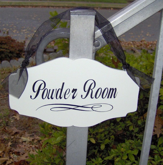 Powder Room Bathroom Sign Interior Room Door Hanger for Hallway Restroom Sign with Scalloped Cutout Shaped Wood Design Wood Vinyl Sign
