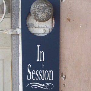 In Session Door Knob Hanger Wood Vinyl Sign Nautical Navy Blue Business Retail Shop Spa Salon Massage Therapy Private Please Wait Inform image 6