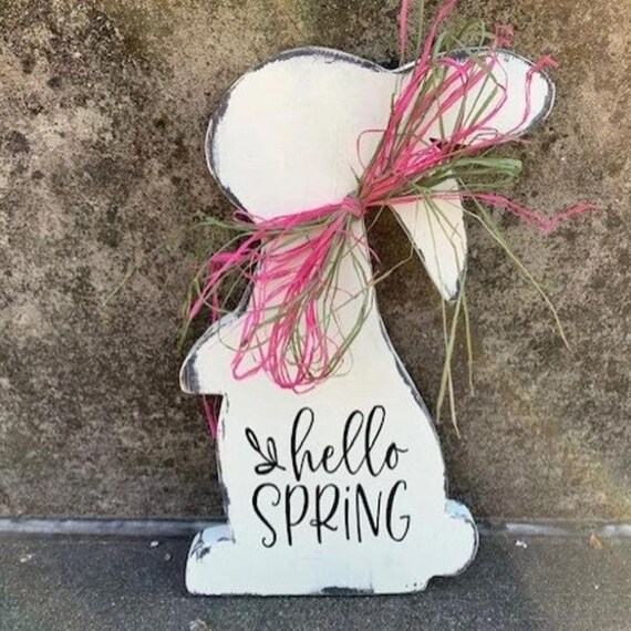 Bunny Door Hanger Hello Spring Rabbit Distressed Wood Vinyl Sign For Front Door Decor Entrance Porch Wall Hanging Wreath Attachment Seasonal