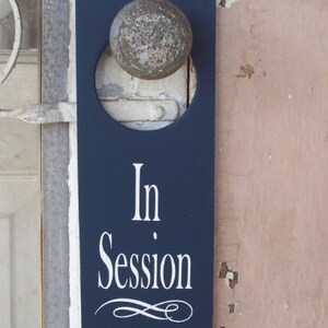 In Session Door Knob Hanger Wood Vinyl Sign Nautical Navy Blue Business Retail Shop Spa Salon Massage Therapy Private Please Wait Inform image 4