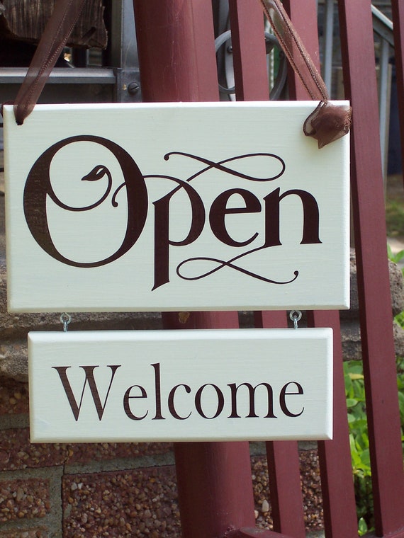 Open Closed Sign For Business Welcome Please Come Again Two Tier Two Sided Reversible Wood Vinyl Retail Store Door Hanger Sign