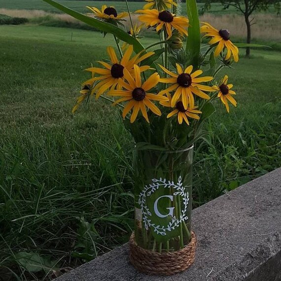Glass Flower Vase Monogram Decor Custom Centerpiece Initial Gift for Flowers Tabletop Home Wedding Teacher Real Estate Holiday Beach Theme