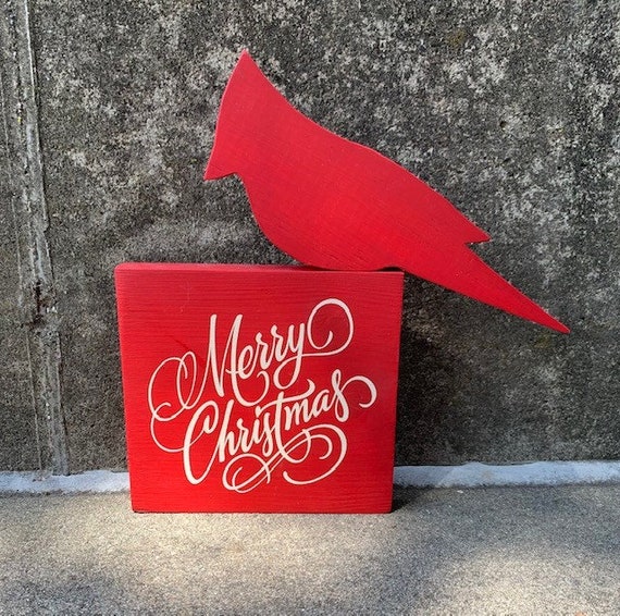 Christmas Table Decoration with Cardinal Red Decor Merry Christmas Sign Wooden Cutout Shelf or Windowsill Signage Wooden Silll Vinyl Plaque