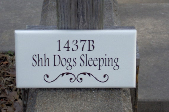 House Number Plaque Sleeping Dog Wood Vinyl Sign Custom Apartment Number Address Wall Plaque or Door Plaque Dog Lover Gift Pet Goods Supply