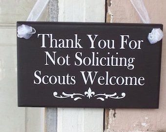 Scouts Bienvenidos Gracias por no solicitar arte de pared para la entrada principal del hogar o decoración de la puerta del porche Apreciación Señalización direccional de vinilo de madera