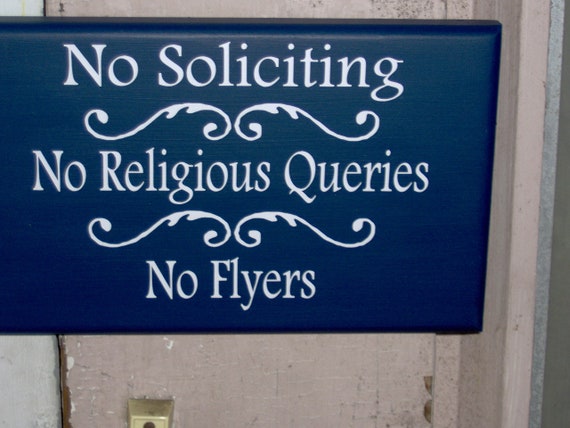 No Soliciting No Religious Queries No Flyers Navy Blue Wood Signs Vinyl Sign Private Privacy Do Not Disturb Custom Door Hanger Unique Gift