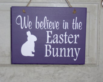 Easter Sign Bunny Rabbit Wood Vinyl Sign We Believe Purple Spring Rabbit Silhouette Wood Plaque Home Decor Door Hanger Happy Easter Holiday