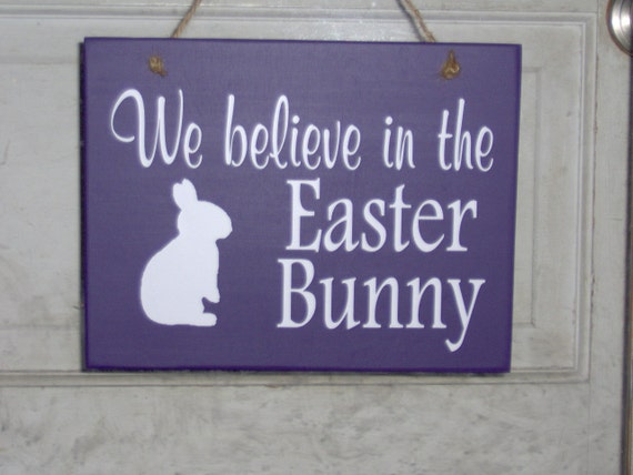 Easter Sign Bunny Rabbit Wood Vinyl Sign We Believe Purple Spring Rabbit Silhouette Wood Plaque Home Decor Door Hanger Happy Easter Holiday