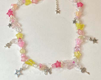 Rosy Maple Moth inspired Beaded Clutter Necklace Pastel Cute Pink Fairycore Flower