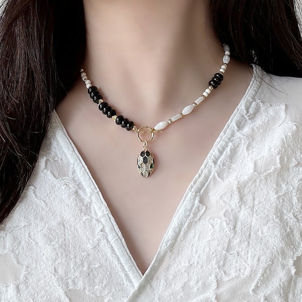 Necklace agate black necklace mother of pearl necklace snake jewelry necklace gift pretty necklace pendant snake blace jewelry pendant