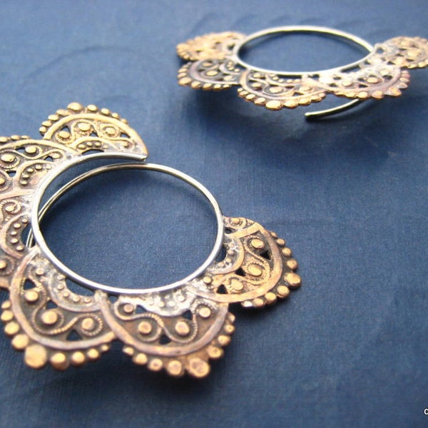 Sale Seconds Brass Faux Filigree Blade Hoop Modern Tribal Earrings FREE domestic shipping