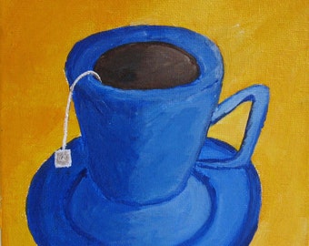 Cobalt Tea Mug Against Mustard Background Original Painting