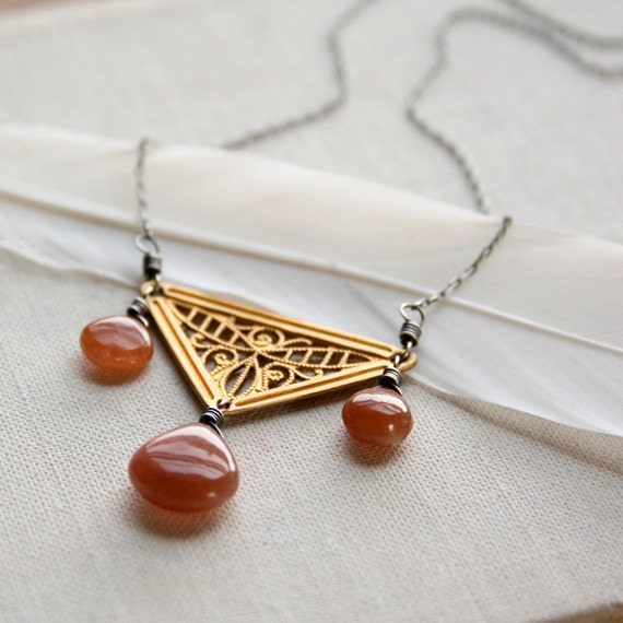 Items similar to Clementine Necklace sunstone, vintage brass, sterling