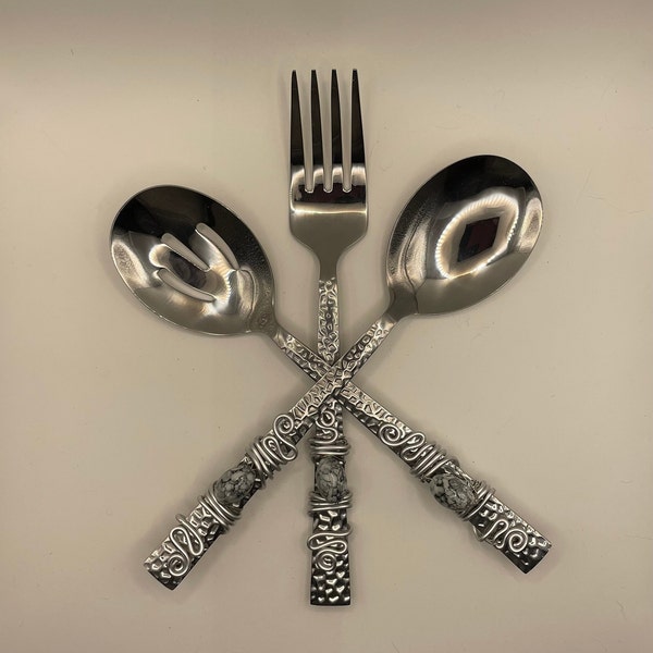 Calming Mist Collection - Beaded utensil serving set, (Fork, Spoon and Slotted Spoon) Perfect for parties, buffets, and events.