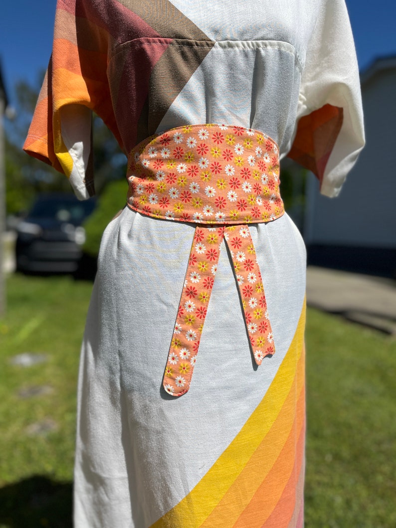 Mrs Roper inspired Kaftan, Bag and Reversible Obie Belt made from repurposed Vintage Sheet shown. size M image 4