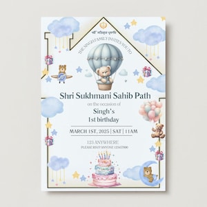 Puede incluir: Una tarjeta de invitación azul y blanca con forma de casa y un osito de peluche en un globo aerostático. El texto dice "Shri Sukhmani Sahib Path con motivo del 1er cumpleaños de Singh, 1 de marzo de 2025 | Sáb | 11:00, 123 Anywhere, Por favor, RSVP a Anyone 123457800".