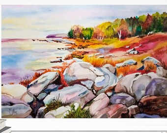 Original Aquarell auf A4-Papier 20x30 cm Fluss Herbst hell Landschaft felsigen Ufer Bild für Wand-Galerie