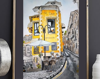 Original watercolor Port de Soller, Spain. Lua restaurant 7,5x11 City landscape in watercolor, street cafe painting