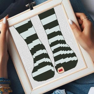 May include: Cross-stitch art of two striped socks in a wooden frame. The socks are black and white, with a red detail on one toe. The frame is held by hands, and the background is a soft, neutral color.
