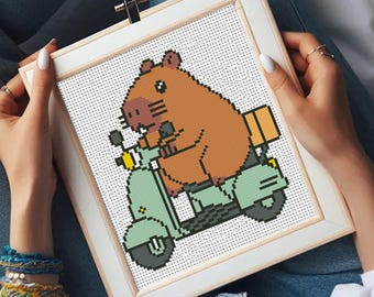 Capybara on Moped Cross Stitch Pattern: Funny DIY Project (PDF)