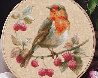Robin and Raspberries Cross Stitch Pattern: Easy Bird Design (PDF)