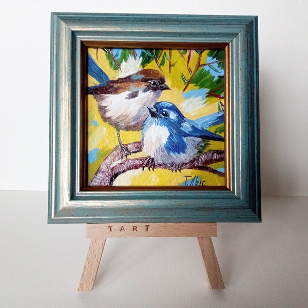 Paire de rossignols bleus Mini peinture à l'huile 4 pouces encadrée sur support cadeau prêt à l'emploi original Petits oiseaux sur une branche