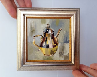 Teiera in argento lucido Mini dipinto a olio 4 pollici incorniciato su supporto pronto regalo originale piccola arte