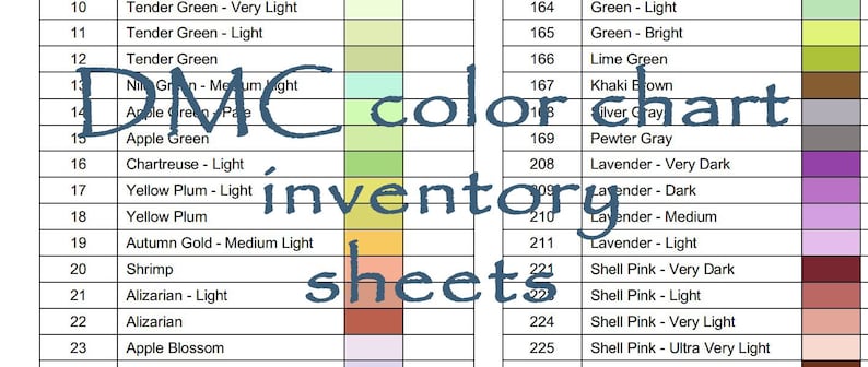 May include: A DMC color chart with color swatches and corresponding numbers. The chart includes a variety of colors, from greens and yellows to pinks and purples. Text on the chart reads "DMC color chart inventory sheets."