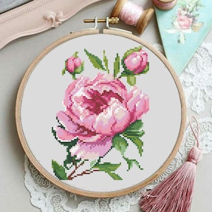 Pink peony Gift for Mother&#39;s Day mini Cross stitch pattern PDF 66х91 stitches simple pattern for DIY instant download