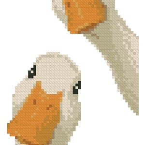 May include: A cross-stitch pattern featuring two geese. The geese have white feathers, orange beaks, and black eyes. The image is set against a white background. The design is pixelated, giving it a retro aesthetic.