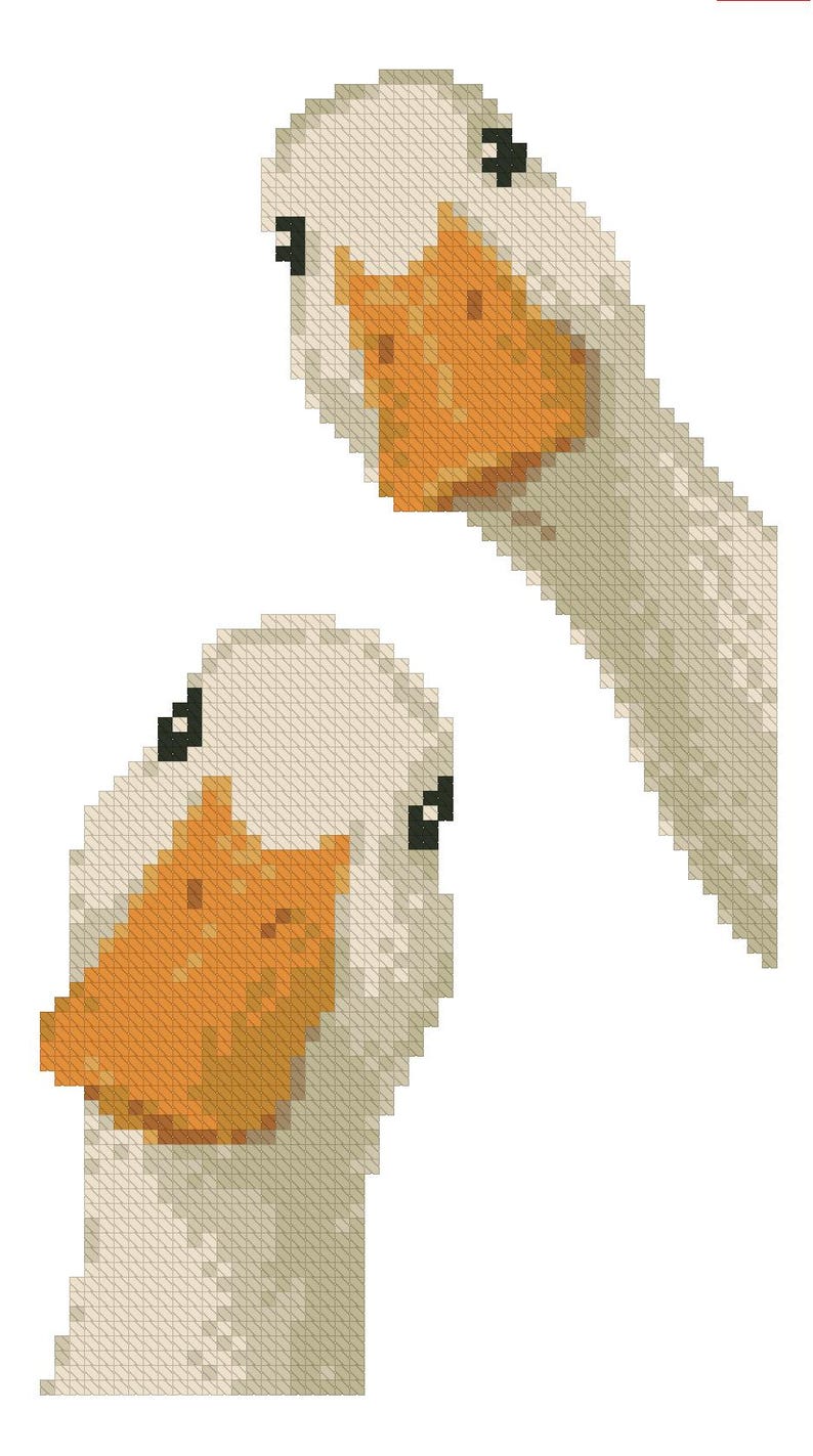 May include: A cross-stitch pattern featuring two geese. The geese have white feathers, orange beaks, and black eyes. The image is set against a white background. The design is pixelated, giving it a retro aesthetic.