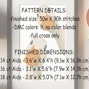 May include: A framed cross-stitch pattern with text detailing the finished size, DMC colors, and dimensions. The pattern features two geese in shades of beige and orange. Finished dimensions are 3.6"w X 6.4"h (9.1w X 16.3h cm) for 14 ct Aida.