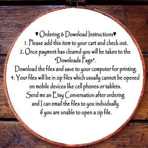 May include: A white circular embroidery hoop with text detailing download instructions. The text includes steps for purchasing, accessing the download page, and saving files. The hoop has a wooden frame and is set against a wooden background.
