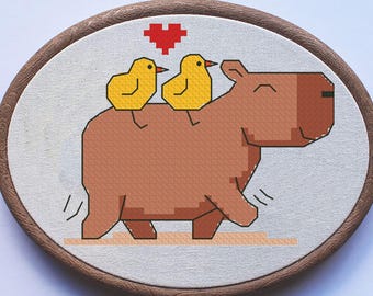 Capybara and Chickens Cross Stitch Pattern: Funny DIY Embroidery (PDF)