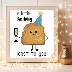 Cartão de aniversário, brinde com champanhe, padrão de ponto cruz em PDF, 67x95 pontos, padrão fácil e aconchegante para presente legal, faça você mesmo, download instantâneo