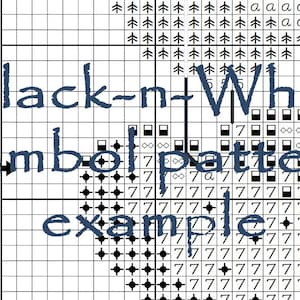 May include: A black and white cross-stitch pattern example. The grid is marked with numbers and the text "Black-n-White symbol pattern example" in a dark blue script. The pattern includes various symbols.