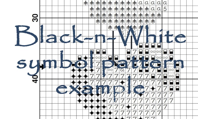 May include: A black and white cross-stitch pattern example. The grid is marked with numbers and the text "Black-n-White symbol pattern example" in a dark blue script. The pattern includes various symbols.