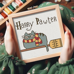May include: Cross-stitch art in a wooden frame featuring a pixelated cat wearing glasses and a scarf, riding a broom. The text "Harry Pawter" is above the cat. The artwork is displayed against a white background.