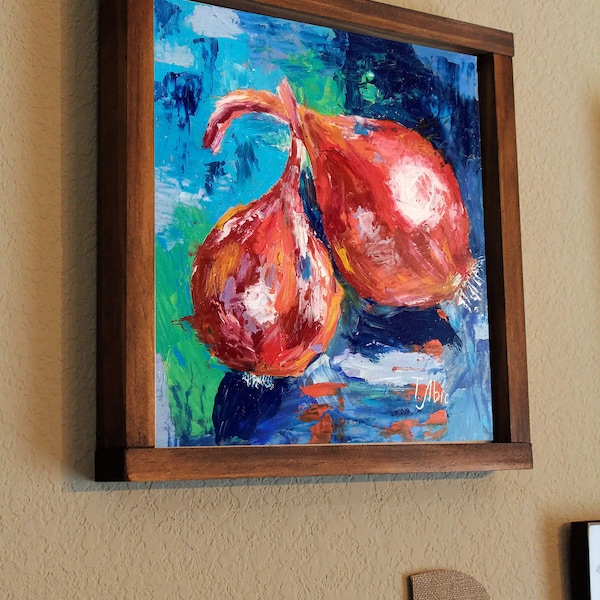 Onion oil painting small Large strokes Gift for the kitchen, dining room 8x8" pair of ripe onions in husks, vegetables